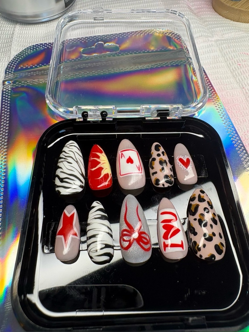 Medium Almond Coquette Valentine Press-On Nails | Zebra Leopard Hearts & Bow